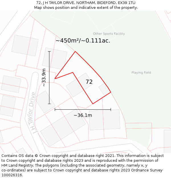 72, J H TAYLOR DRIVE, NORTHAM, BIDEFORD, EX39 1TU: Plot and title map