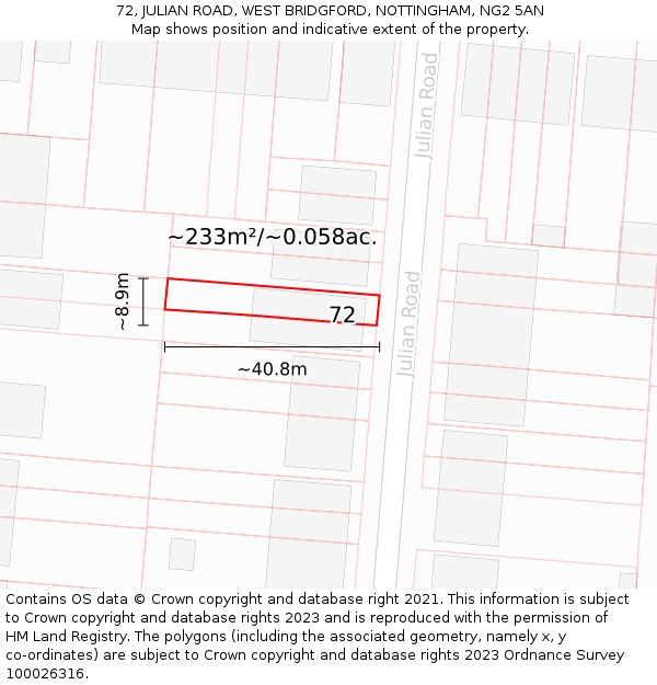 72, JULIAN ROAD, WEST BRIDGFORD, NOTTINGHAM, NG2 5AN: Plot and title map