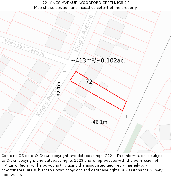 72, KINGS AVENUE, WOODFORD GREEN, IG8 0JF: Plot and title map