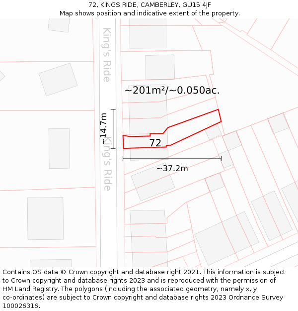 72, KINGS RIDE, CAMBERLEY, GU15 4JF: Plot and title map