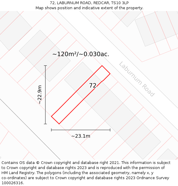 72, LABURNUM ROAD, REDCAR, TS10 3LP: Plot and title map