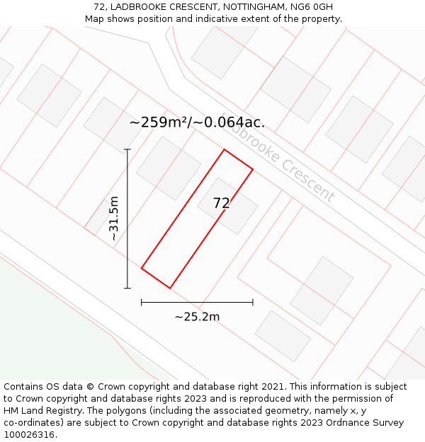 72, LADBROOKE CRESCENT, NOTTINGHAM, NG6 0GH: Plot and title map