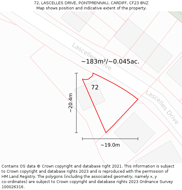 72, LASCELLES DRIVE, PONTPRENNAU, CARDIFF, CF23 8NZ: Plot and title map