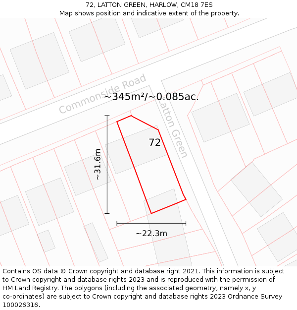 72, LATTON GREEN, HARLOW, CM18 7ES: Plot and title map