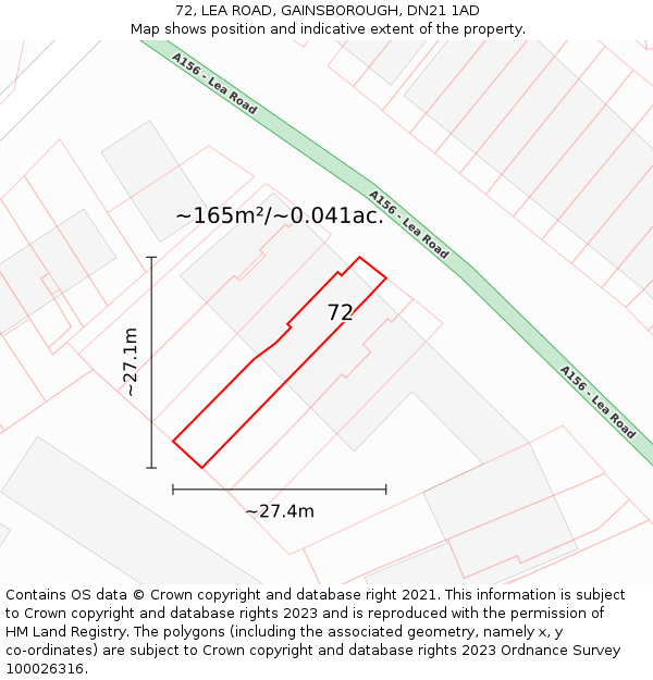 72, LEA ROAD, GAINSBOROUGH, DN21 1AD: Plot and title map