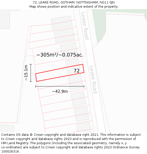 72, LEAKE ROAD, GOTHAM, NOTTINGHAM, NG11 0JN: Plot and title map