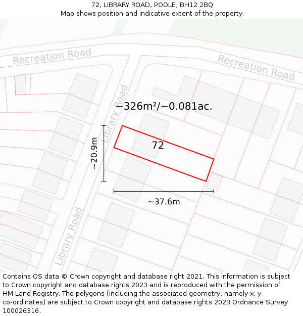 72, LIBRARY ROAD, POOLE, BH12 2BQ: Plot and title map