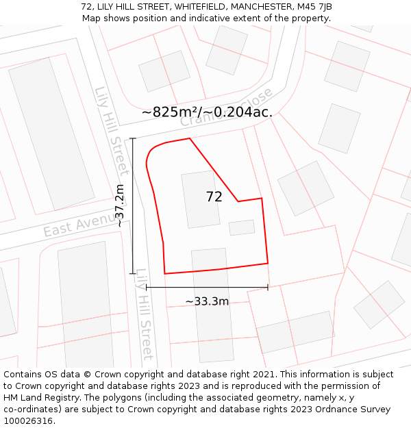 72, LILY HILL STREET, WHITEFIELD, MANCHESTER, M45 7JB: Plot and title map