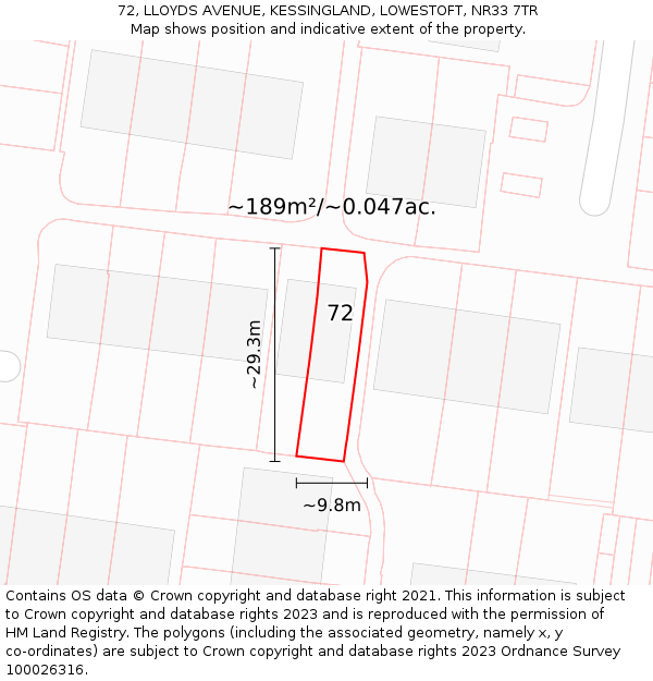 72, LLOYDS AVENUE, KESSINGLAND, LOWESTOFT, NR33 7TR: Plot and title map