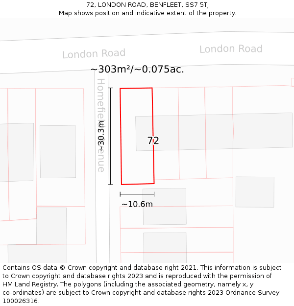 72, LONDON ROAD, BENFLEET, SS7 5TJ: Plot and title map