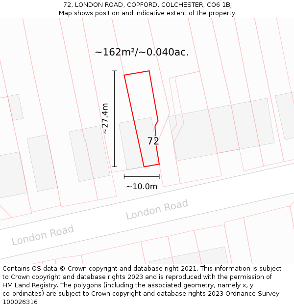 72, LONDON ROAD, COPFORD, COLCHESTER, CO6 1BJ: Plot and title map