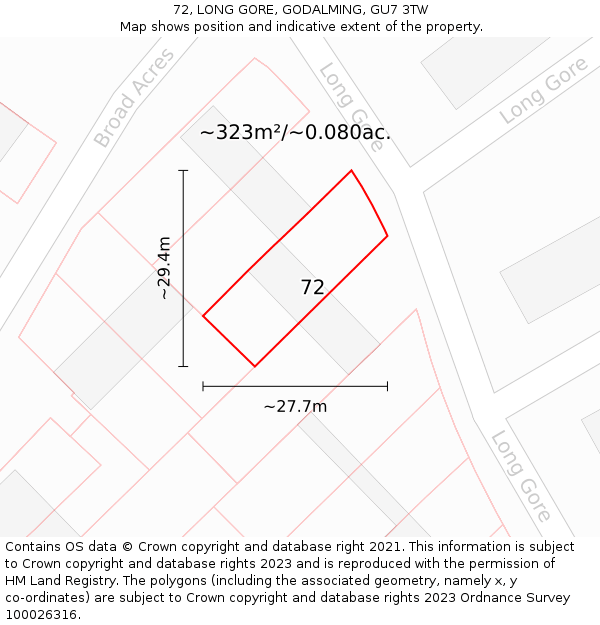 72, LONG GORE, GODALMING, GU7 3TW: Plot and title map