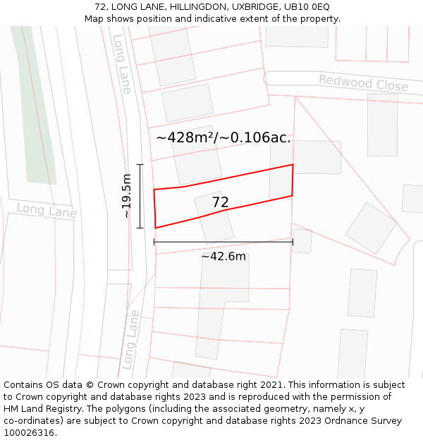 72, LONG LANE, HILLINGDON, UXBRIDGE, UB10 0EQ: Plot and title map