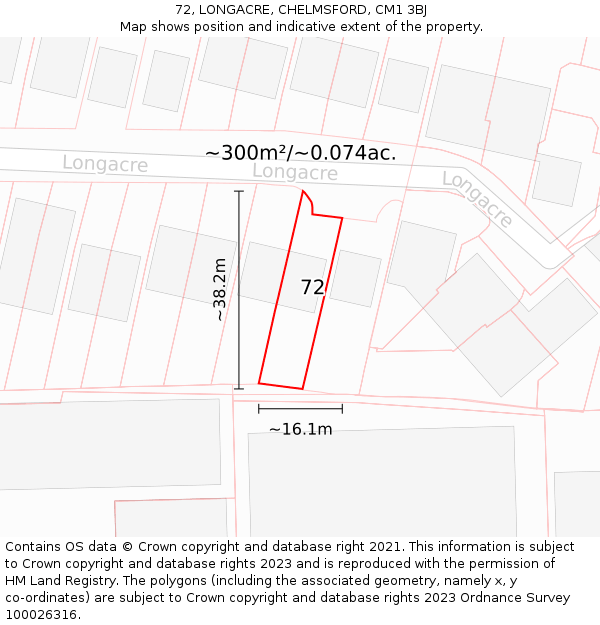 72, LONGACRE, CHELMSFORD, CM1 3BJ: Plot and title map