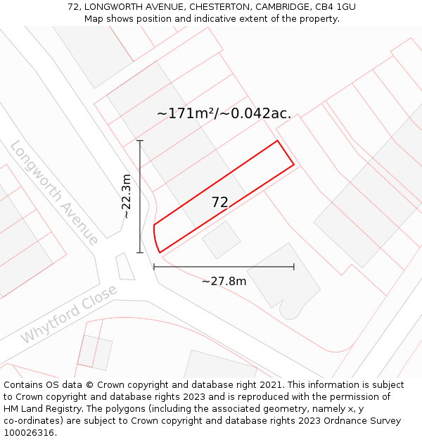 72, LONGWORTH AVENUE, CHESTERTON, CAMBRIDGE, CB4 1GU: Plot and title map