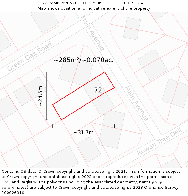 72, MAIN AVENUE, TOTLEY RISE, SHEFFIELD, S17 4FJ: Plot and title map