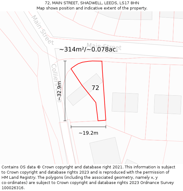 72, MAIN STREET, SHADWELL, LEEDS, LS17 8HN: Plot and title map