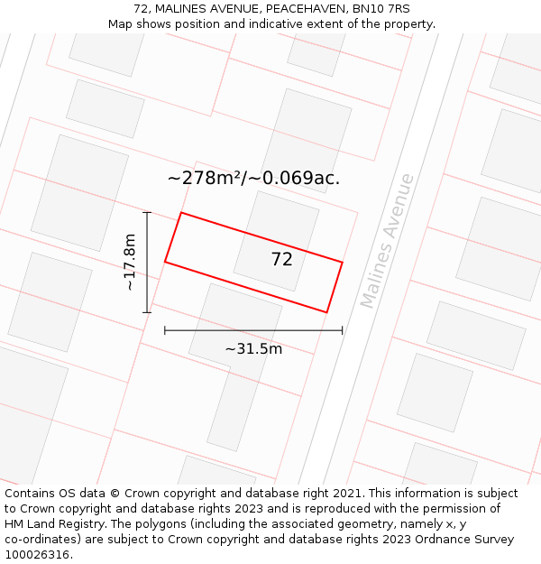 72, MALINES AVENUE, PEACEHAVEN, BN10 7RS: Plot and title map