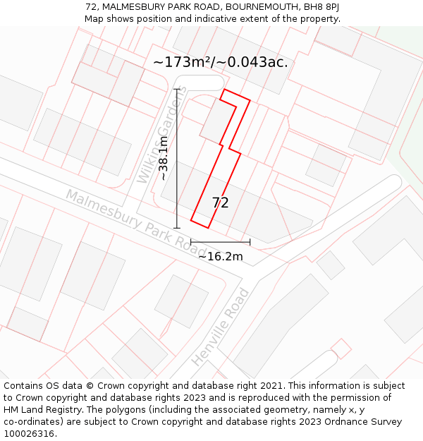 72, MALMESBURY PARK ROAD, BOURNEMOUTH, BH8 8PJ: Plot and title map