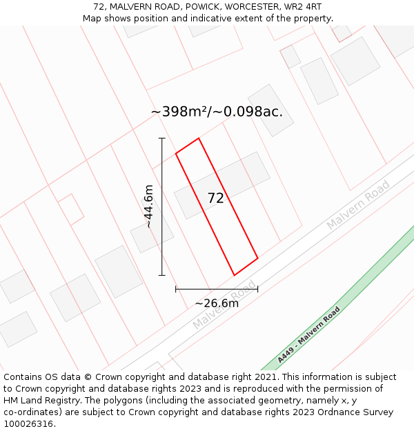 72, MALVERN ROAD, POWICK, WORCESTER, WR2 4RT: Plot and title map