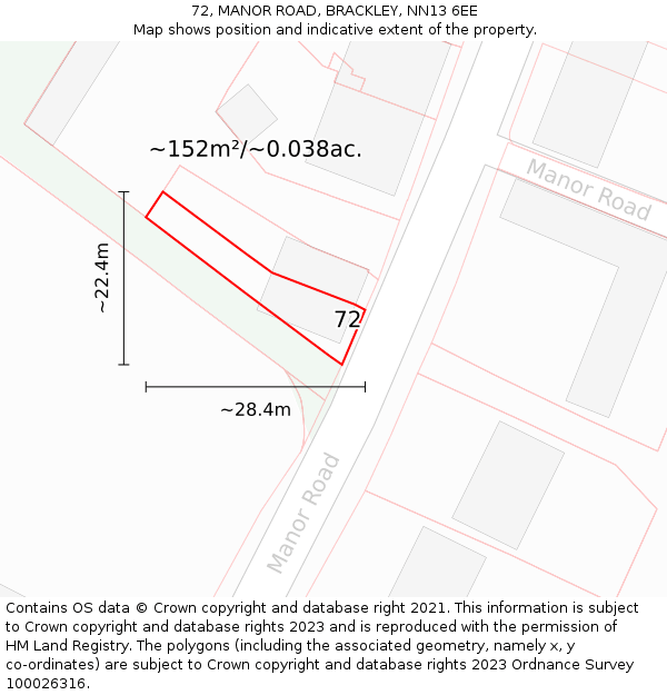 72, MANOR ROAD, BRACKLEY, NN13 6EE: Plot and title map