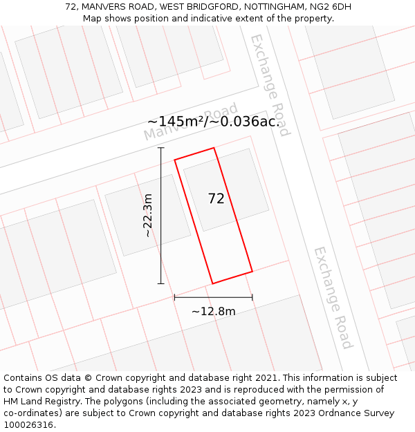 72, MANVERS ROAD, WEST BRIDGFORD, NOTTINGHAM, NG2 6DH: Plot and title map