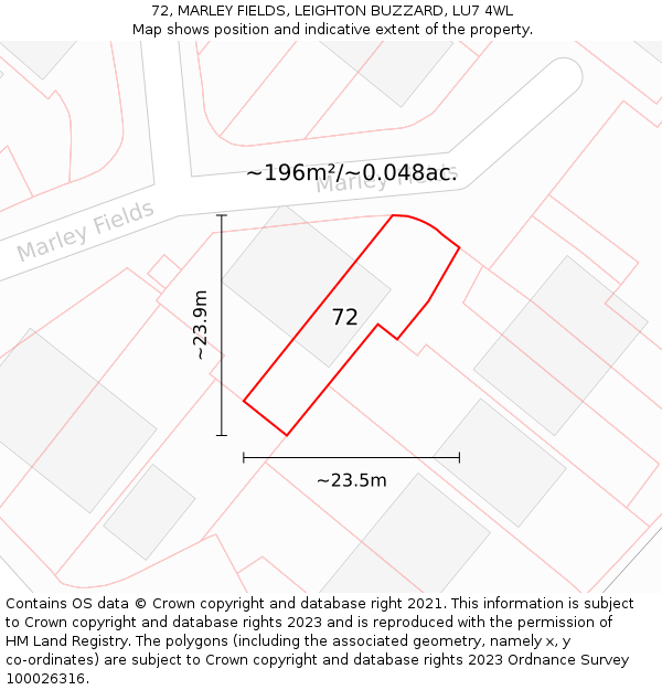 72, MARLEY FIELDS, LEIGHTON BUZZARD, LU7 4WL: Plot and title map