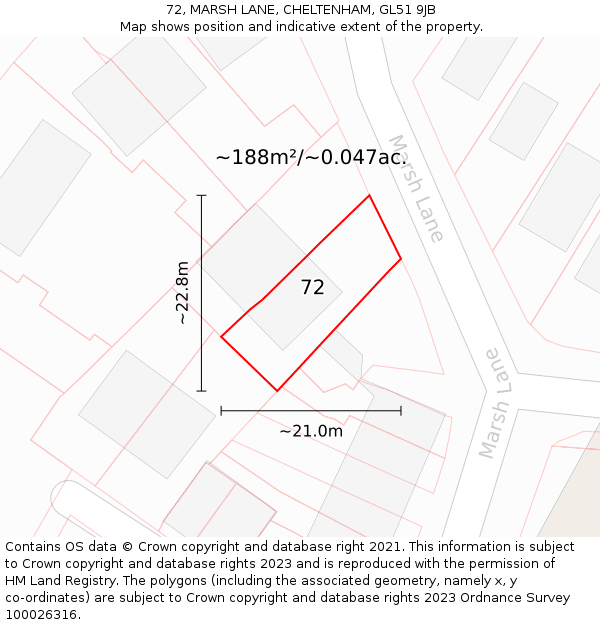 72, MARSH LANE, CHELTENHAM, GL51 9JB: Plot and title map