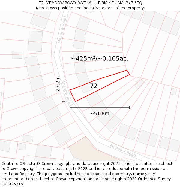 72, MEADOW ROAD, WYTHALL, BIRMINGHAM, B47 6EQ: Plot and title map