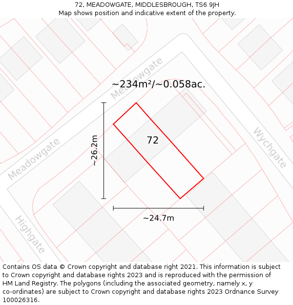 72, MEADOWGATE, MIDDLESBROUGH, TS6 9JH: Plot and title map