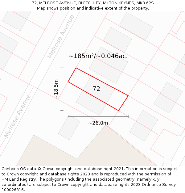 72, MELROSE AVENUE, BLETCHLEY, MILTON KEYNES, MK3 6PS: Plot and title map