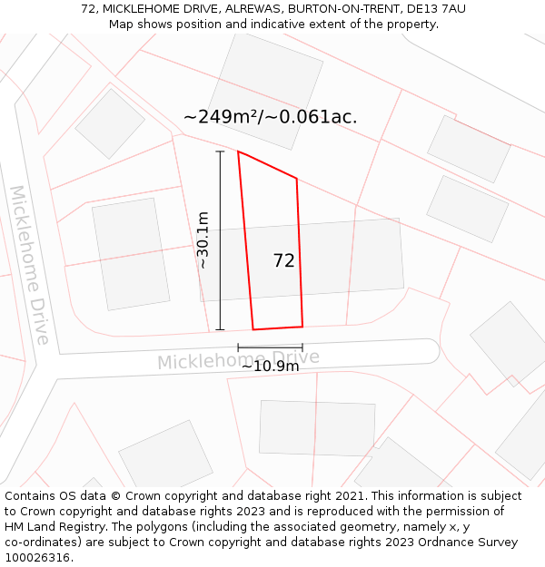 72, MICKLEHOME DRIVE, ALREWAS, BURTON-ON-TRENT, DE13 7AU: Plot and title map