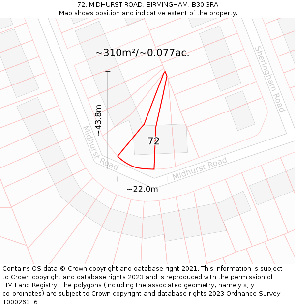 72, MIDHURST ROAD, BIRMINGHAM, B30 3RA: Plot and title map