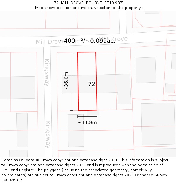 72, MILL DROVE, BOURNE, PE10 9BZ: Plot and title map