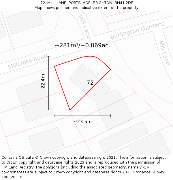 72, MILL LANE, PORTSLADE, BRIGHTON, BN41 2DE: Plot and title map