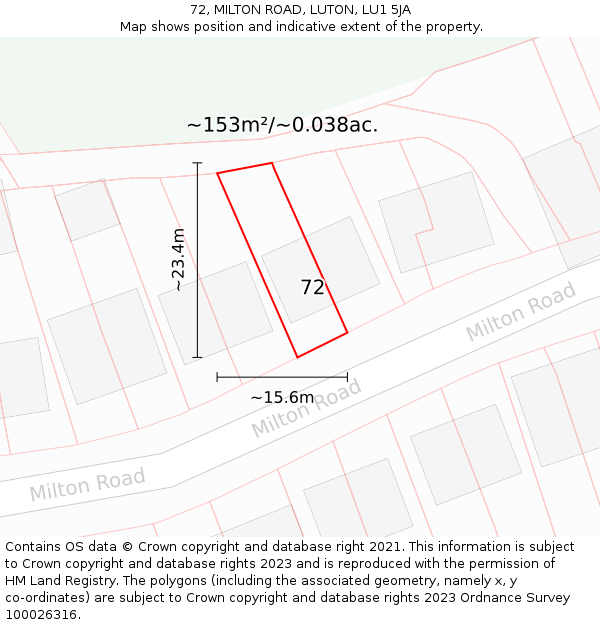 72, MILTON ROAD, LUTON, LU1 5JA: Plot and title map