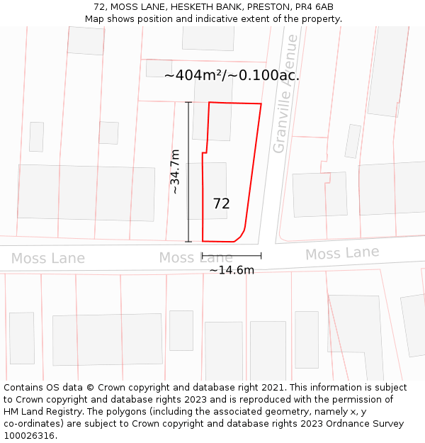 72, MOSS LANE, HESKETH BANK, PRESTON, PR4 6AB: Plot and title map