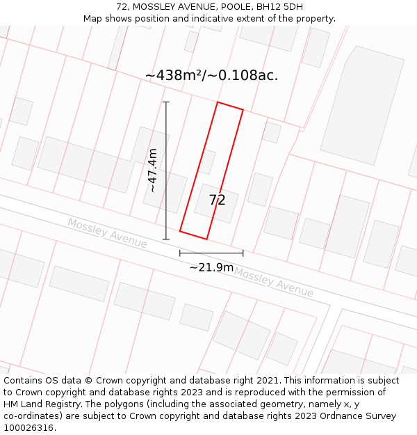 72, MOSSLEY AVENUE, POOLE, BH12 5DH: Plot and title map