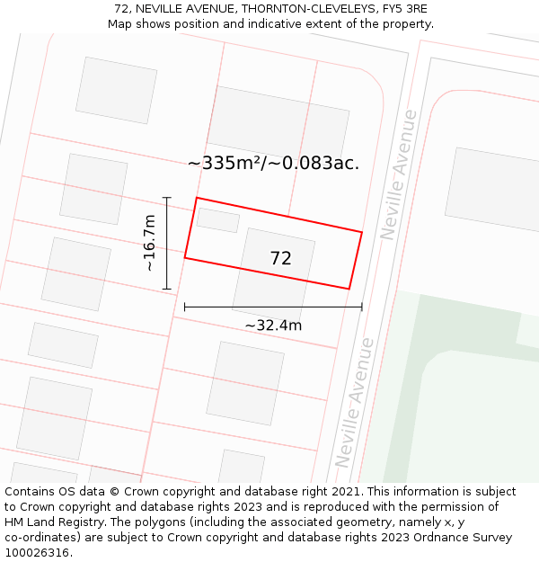 72, NEVILLE AVENUE, THORNTON-CLEVELEYS, FY5 3RE: Plot and title map