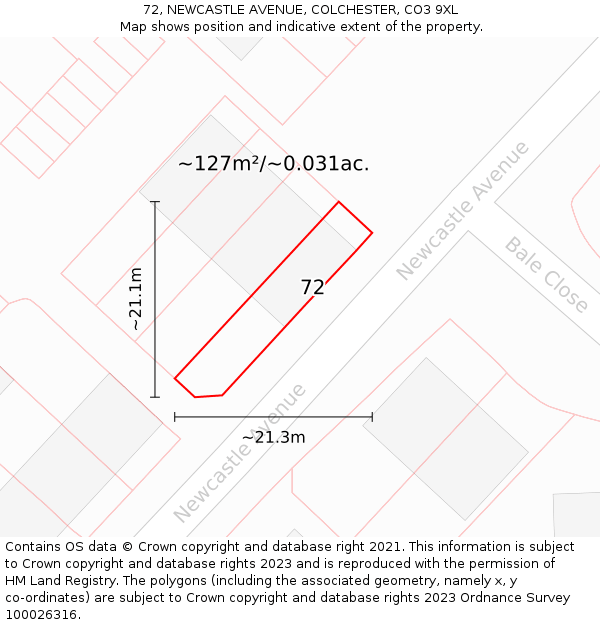 72, NEWCASTLE AVENUE, COLCHESTER, CO3 9XL: Plot and title map