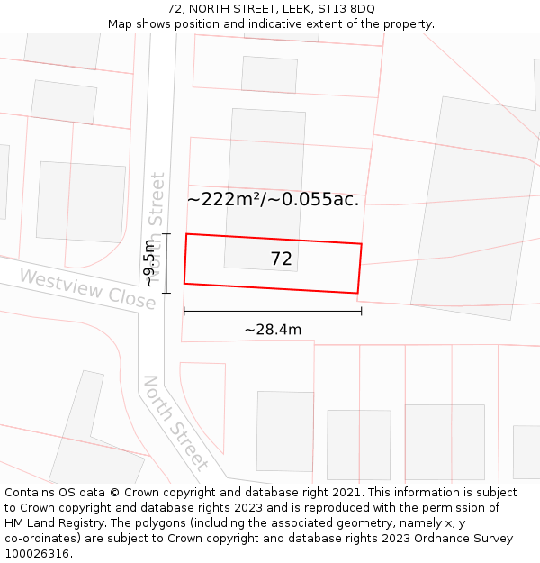 72, NORTH STREET, LEEK, ST13 8DQ: Plot and title map