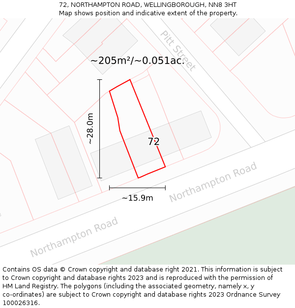 72, NORTHAMPTON ROAD, WELLINGBOROUGH, NN8 3HT: Plot and title map