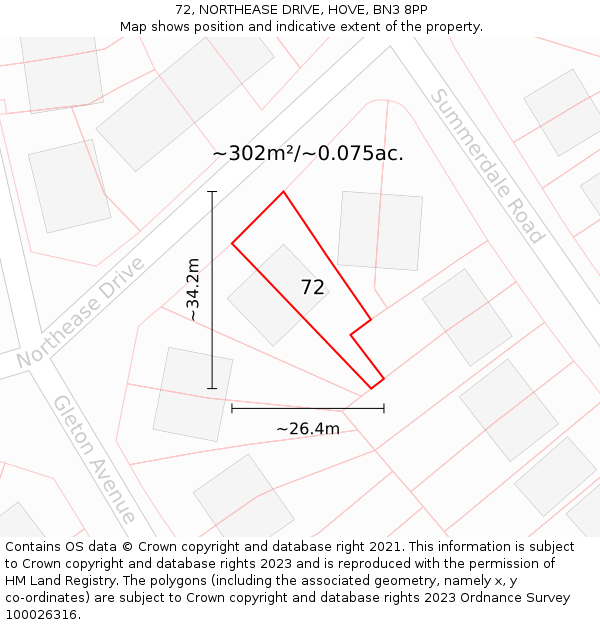 72, NORTHEASE DRIVE, HOVE, BN3 8PP: Plot and title map