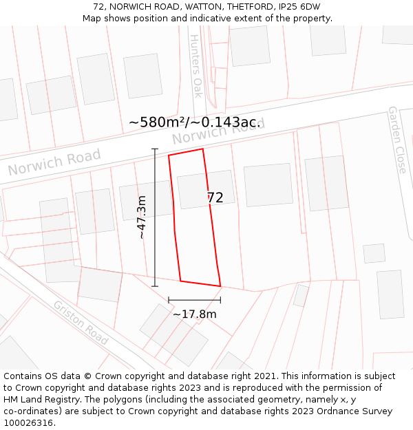 72, NORWICH ROAD, WATTON, THETFORD, IP25 6DW: Plot and title map