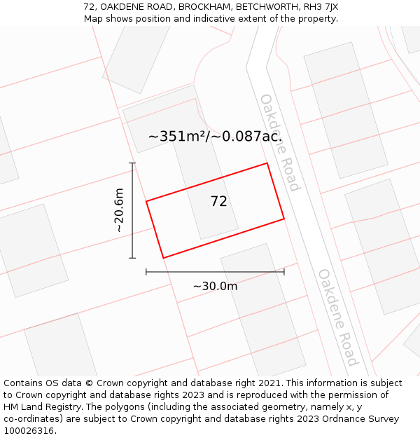 72, OAKDENE ROAD, BROCKHAM, BETCHWORTH, RH3 7JX: Plot and title map