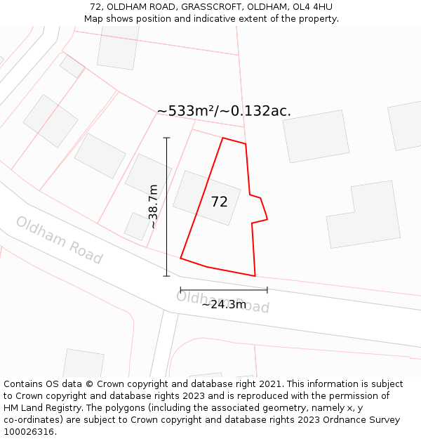 72, OLDHAM ROAD, GRASSCROFT, OLDHAM, OL4 4HU: Plot and title map