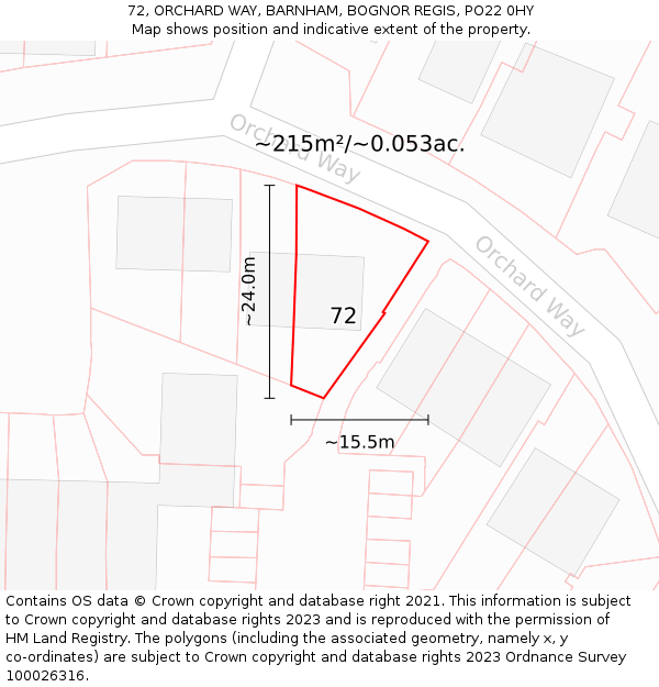 72, ORCHARD WAY, BARNHAM, BOGNOR REGIS, PO22 0HY: Plot and title map