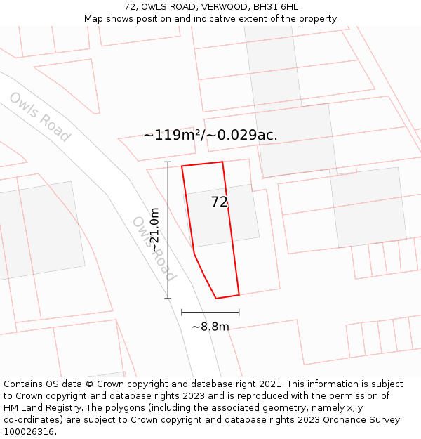 72, OWLS ROAD, VERWOOD, BH31 6HL: Plot and title map