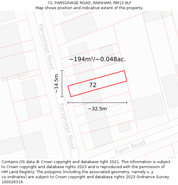 72, PARSONAGE ROAD, RAINHAM, RM13 9LF: Plot and title map