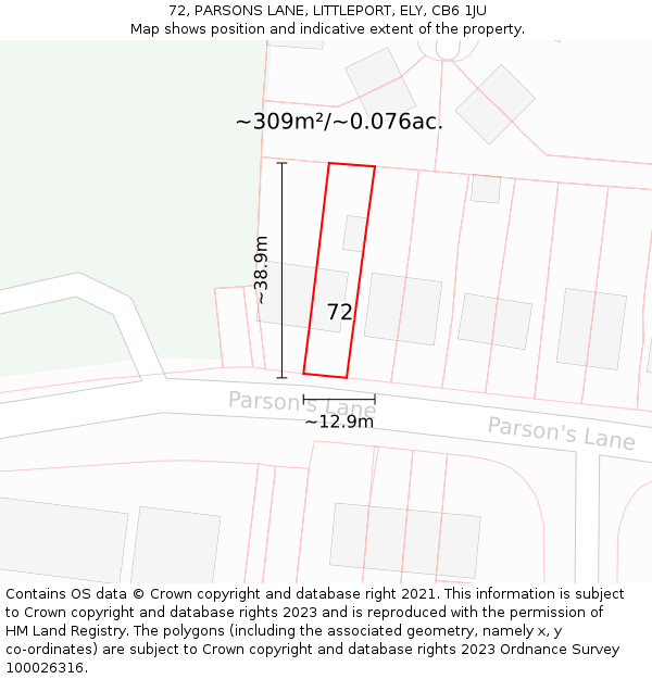 72, PARSONS LANE, LITTLEPORT, ELY, CB6 1JU: Plot and title map